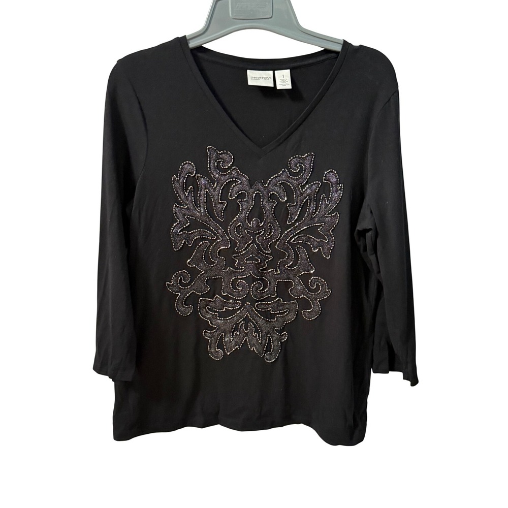 Zenergy by Chicos Black Beaded Medallion V-Neck 3/4 Sleeve Top Size 1 Medium